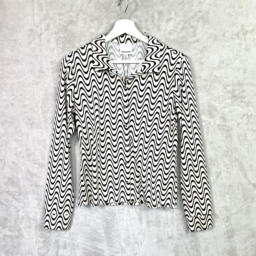 Industry Republic Black Wave Print Button Shirt M Retro Mod Y2K Stretch B&W Top